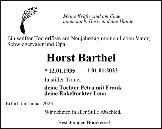 Traueranzeige von Horst Barthel