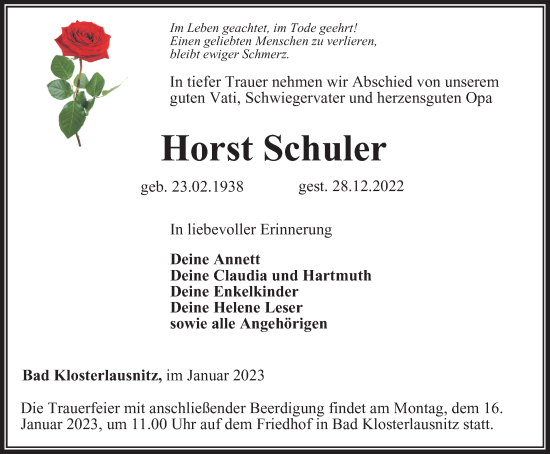 Traueranzeige von Horst Schuler von Ostthüringer Zeitung