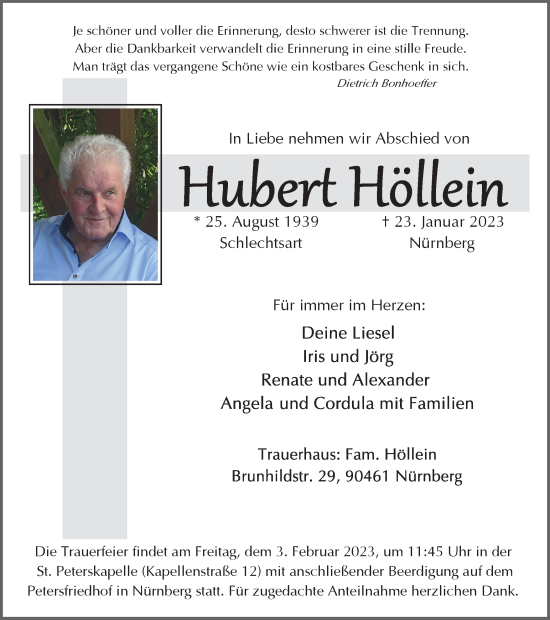 Traueranzeige von Hubert Höllein von Ostthüringer Zeitung