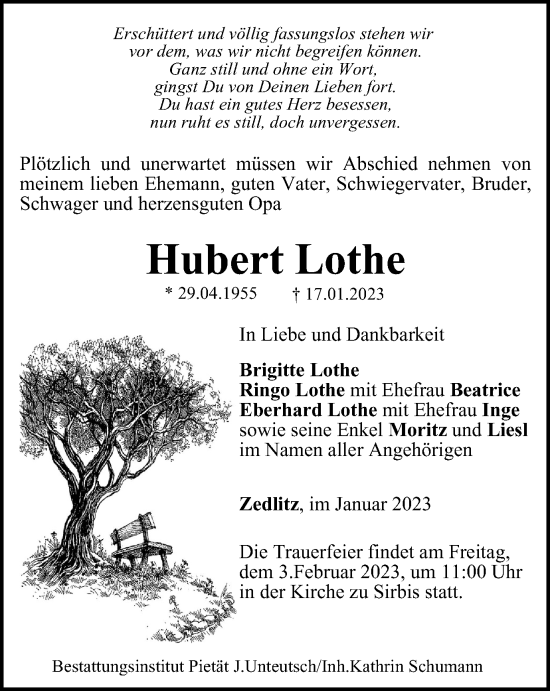 Traueranzeige von Hubert Lothe von Ostthüringer Zeitung
