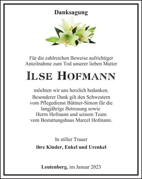 Traueranzeige von Ilse Hofmann