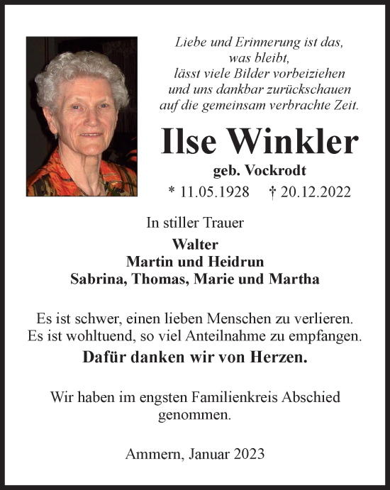 Traueranzeige von Ilse Winkler von Thüringer Allgemeine, Thüringische Landeszeitung