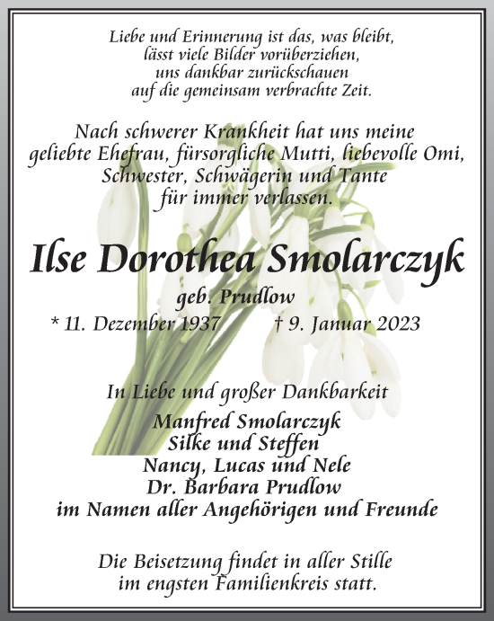 Traueranzeige von Ilse Dorothea Smolarczyk