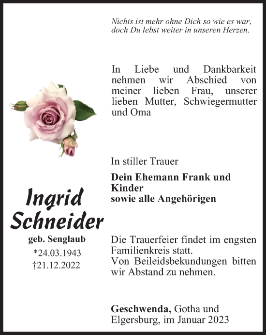 Traueranzeige von Ingrid Schneider von Thüringer Allgemeine