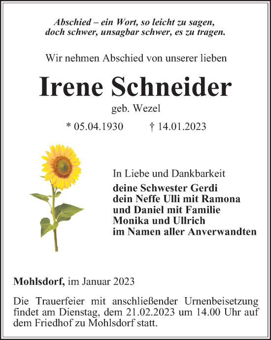 Traueranzeige von Irene Schneider von Ostthüringer Zeitung