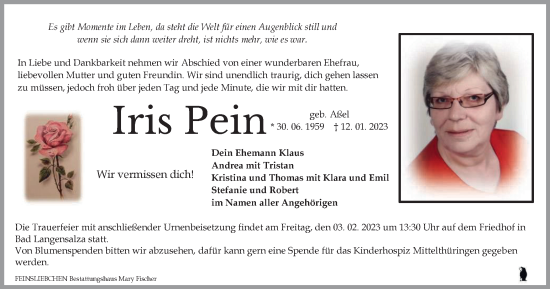 Traueranzeige von Iris Pein von Thüringer Allgemeine, Thüringische Landeszeitung