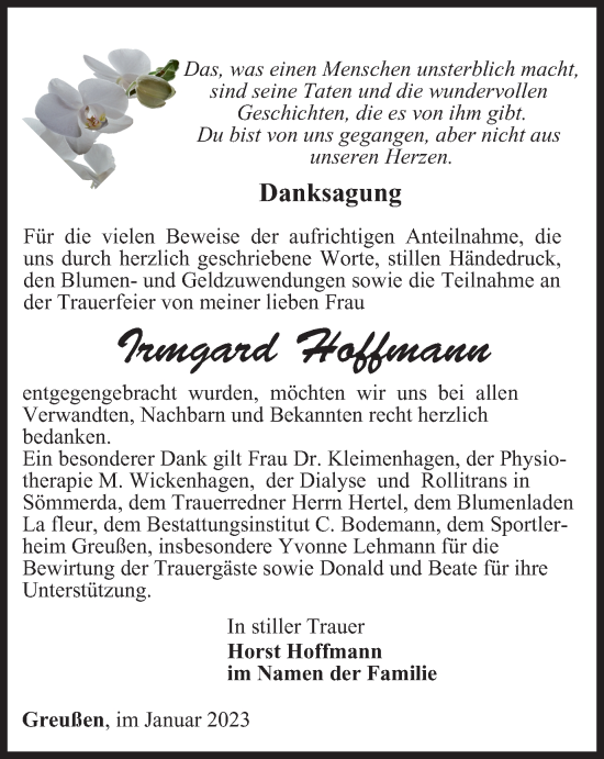 Traueranzeige von Irmgard Hoffmann