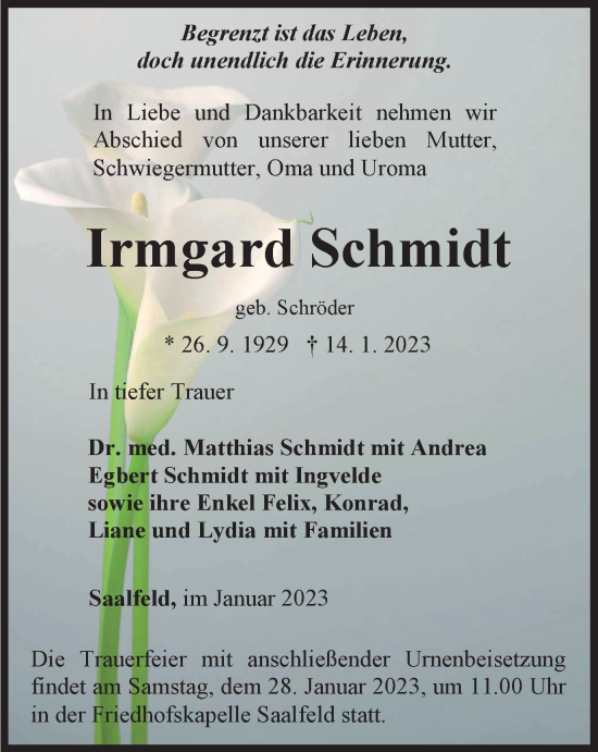 Traueranzeige von Irmgard Schmidt von Ostthüringer Zeitung