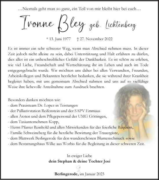 Traueranzeige von Ivonne Bley von Thüringer Allgemeine