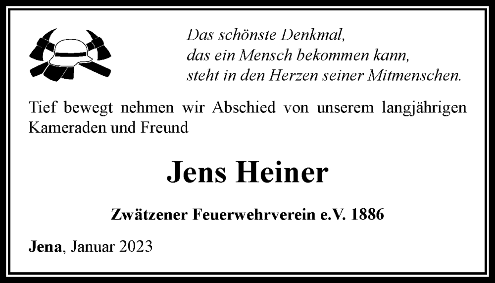  Traueranzeige für Jens Heiner vom 21.01.2023 aus Ostthüringer Zeitung