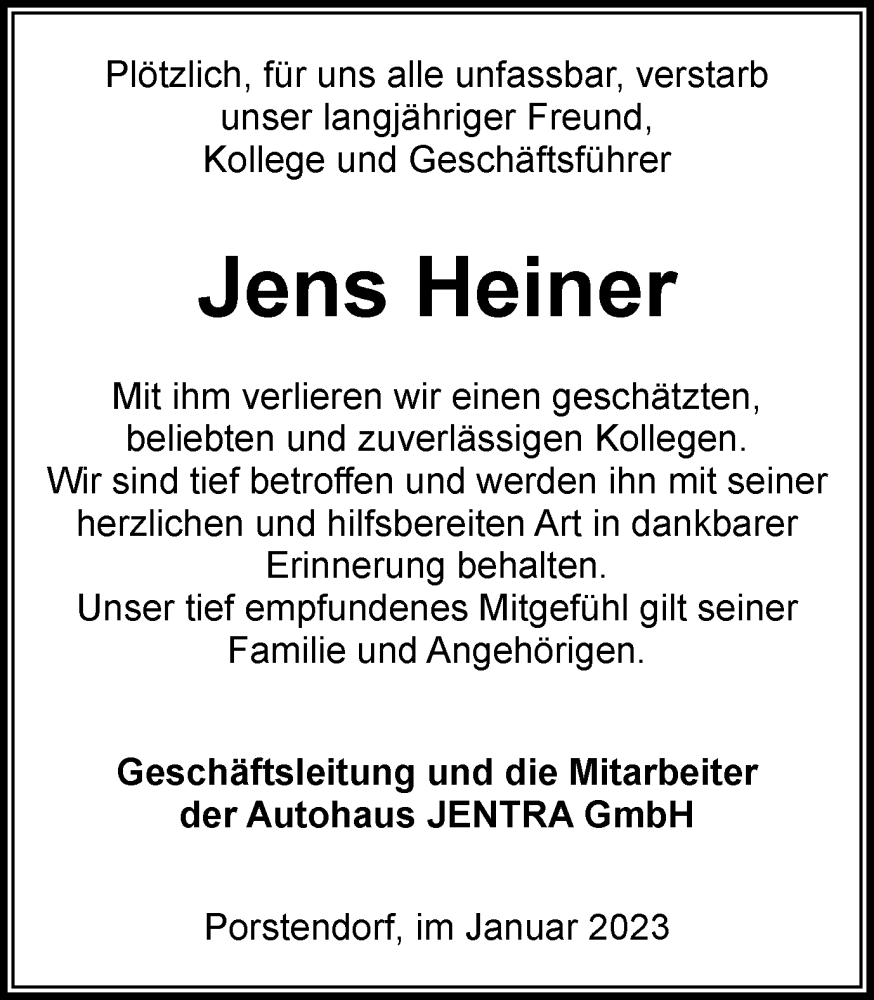  Traueranzeige für Jens Heiner vom 14.01.2023 aus Ostthüringer Zeitung, Thüringische Landeszeitung