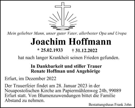 Traueranzeige von Joachim Hoffmann von Thüringer Allgemeine, Thüringische Landeszeitung