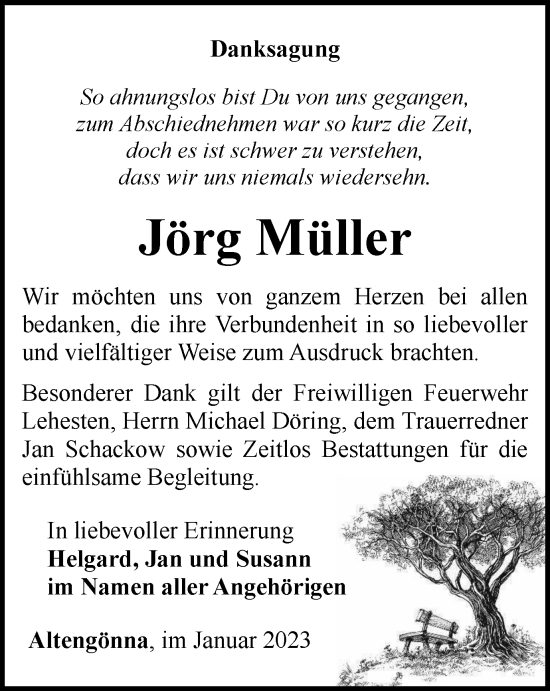 Traueranzeige von Jörg Müller von Ostthüringer Zeitung, Thüringische Landeszeitung