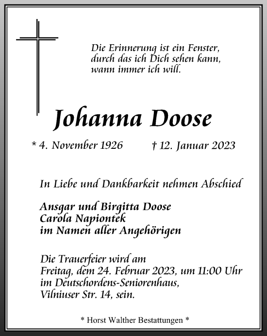 Traueranzeige von Johanna Doose von Thüringer Allgemeine, Thüringische Landeszeitung