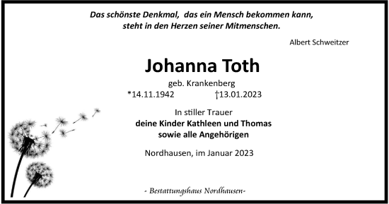 Traueranzeige von Johanna Toth von Thüringer Allgemeine