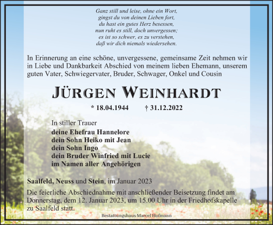 Traueranzeige von Jürgen Weinhardt