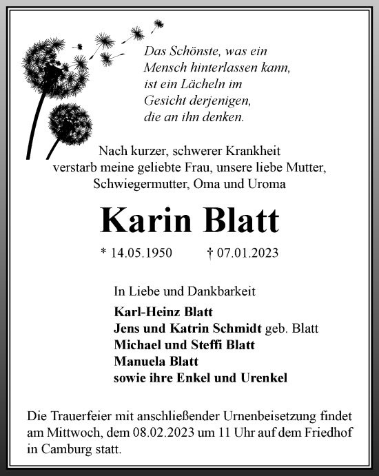 Traueranzeige von Karin Blatt von Ostthüringer Zeitung, Thüringische Landeszeitung