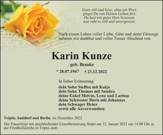 Traueranzeige von Karin Kunze