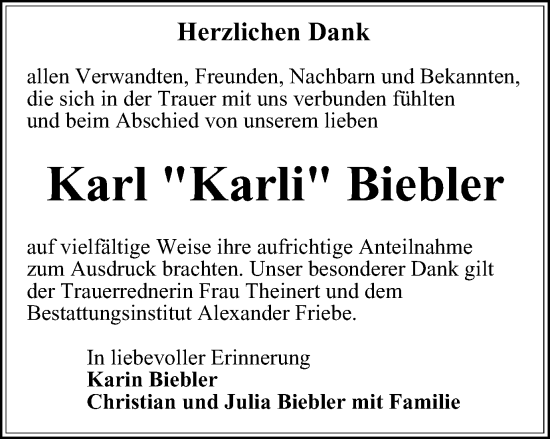 Traueranzeige von Karl Biebler von Thüringer Allgemeine, Thüringische Landeszeitung