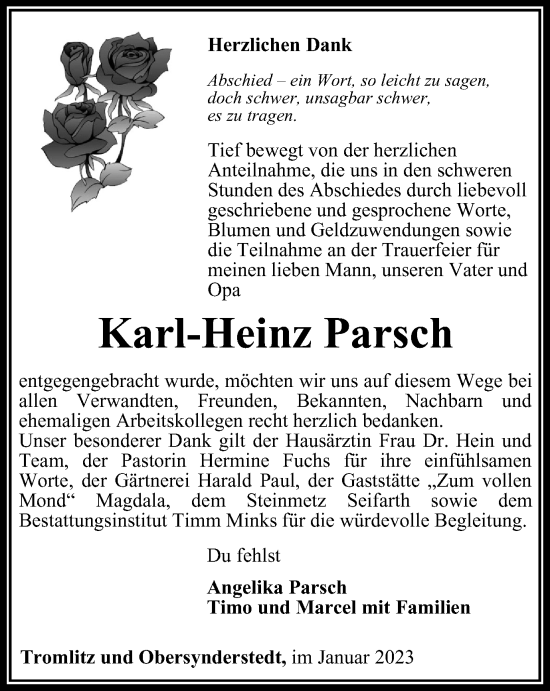 Traueranzeige von Karl-Heinz Parsch von Thüringer Allgemeine, Thüringische Landeszeitung