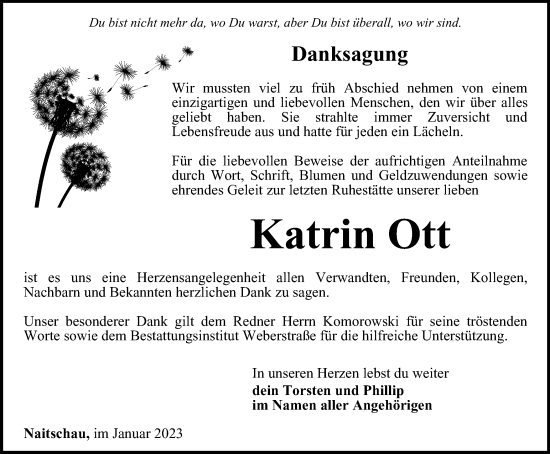 Traueranzeige von Katrin Ott von Ostthüringer Zeitung