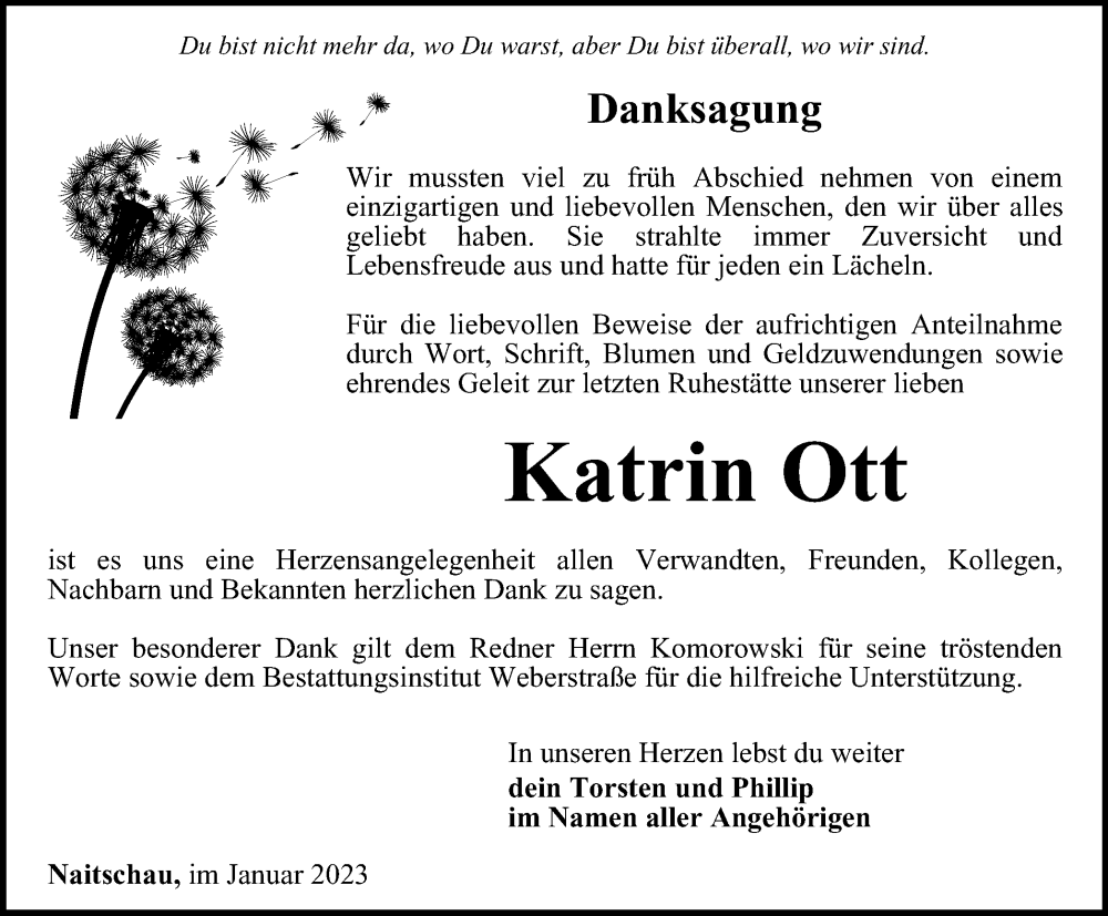  Traueranzeige für Katrin Ott vom 20.01.2023 aus Ostthüringer Zeitung