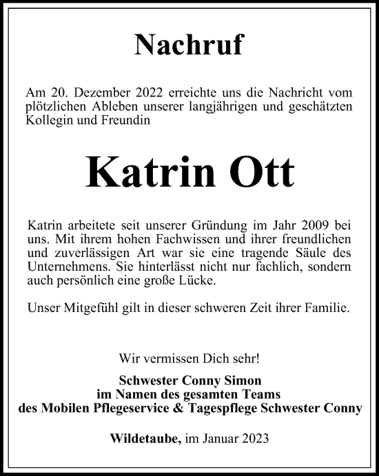 Traueranzeige von Katrin Ott von Ostthüringer Zeitung