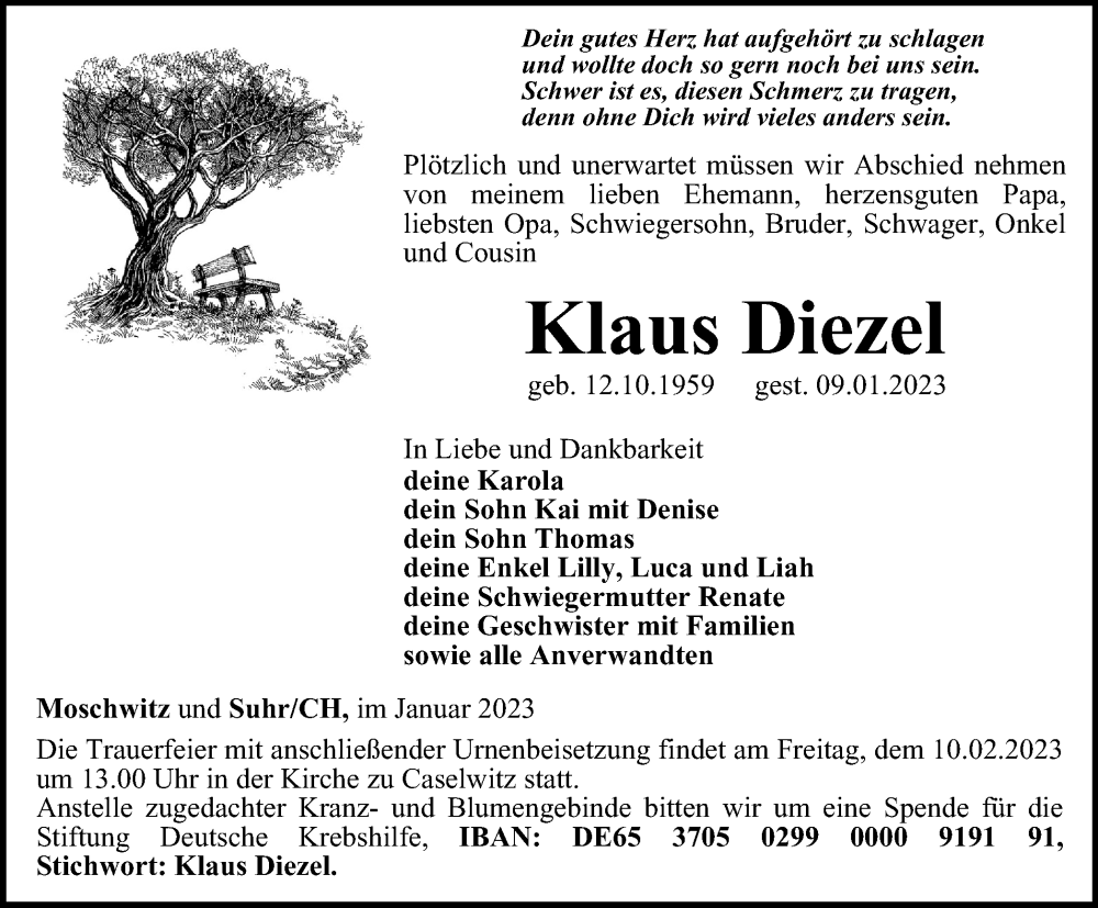  Traueranzeige für Klaus Diezel vom 20.01.2023 aus Ostthüringer Zeitung