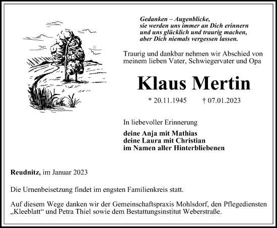 Traueranzeige von Klaus Mertin von Ostthüringer Zeitung