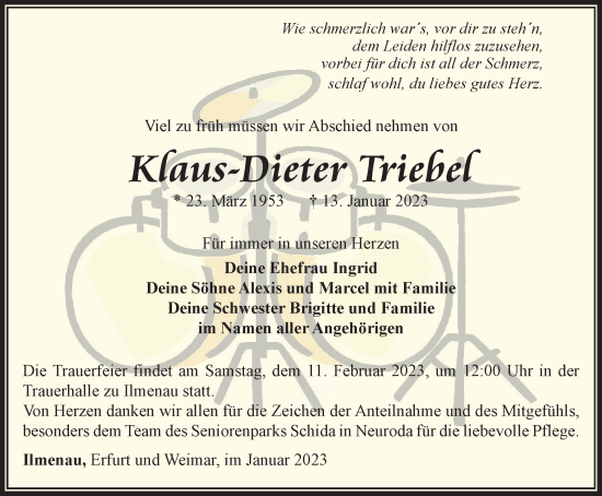 Traueranzeige von Kraus-Dieter Triebel von Thüringer Allgemeine