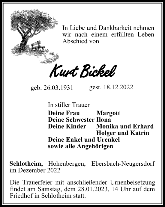Traueranzeige von Kurt Bickel von Thüringer Allgemeine, Thüringische Landeszeitung