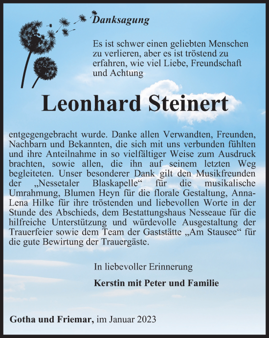 Traueranzeige von Leonhard Steinert von Thüringer Allgemeine, Thüringische Landeszeitung