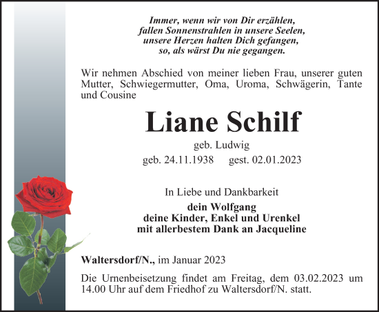 Traueranzeige von Liane Schilf von Ostthüringer Zeitung