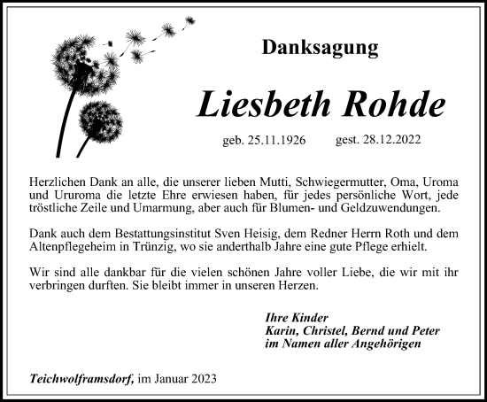 Traueranzeige von Liesbeth Rohde von Ostthüringer Zeitung