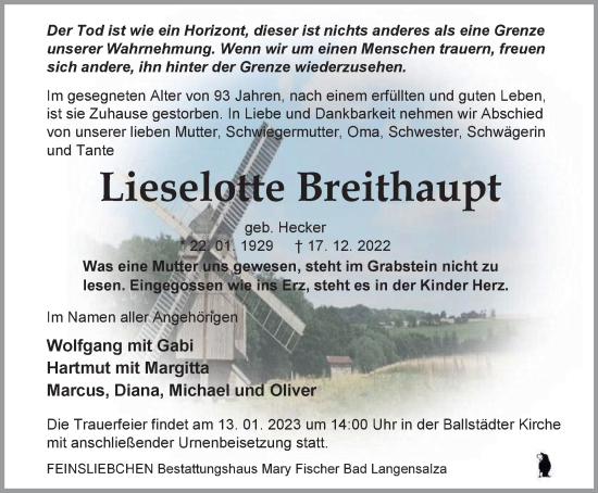 Traueranzeige von Lieselotte Breithaupt von Thüringer Allgemeine, Thüringische Landeszeitung