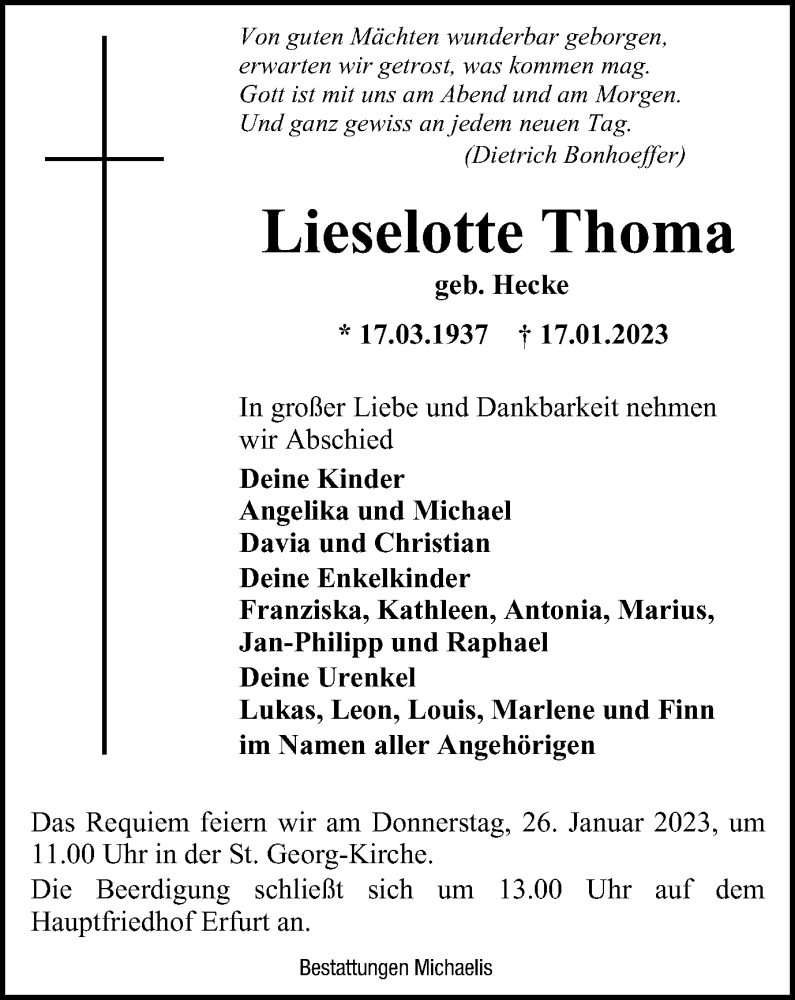  Traueranzeige für Lieselotte Thoma vom 21.01.2023 aus Thüringer Allgemeine, Thüringische Landeszeitung