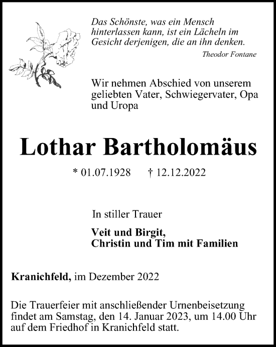 Traueranzeige von Lothar Bartholomäus