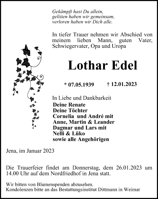 Traueranzeige von Lothar Edel von Ostthüringer Zeitung, Thüringische Landeszeitung