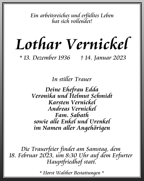 Traueranzeige von Lothar Vernickel