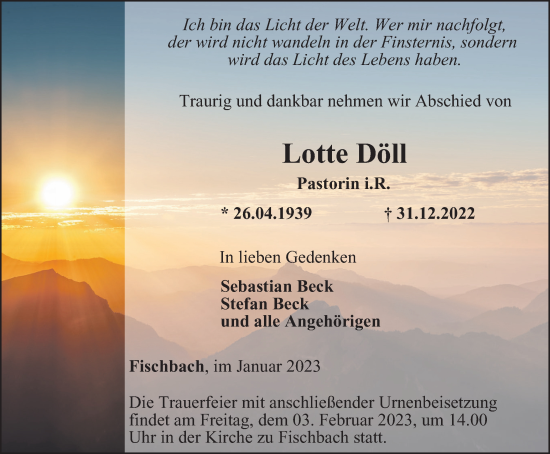 Traueranzeige von Lotte Döll von Thüringer Allgemeine, Thüringische Landeszeitung