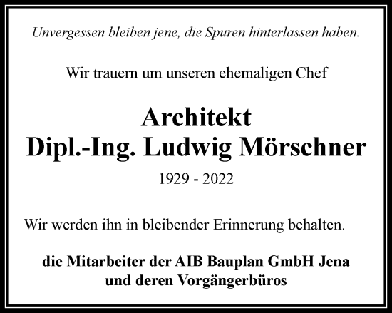 Traueranzeige von Ludwig Mörschner von Ostthüringer Zeitung, Thüringische Landeszeitung