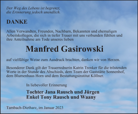 Traueranzeige von Manfred Gasirowski von Thüringer Allgemeine, Thüringische Landeszeitung