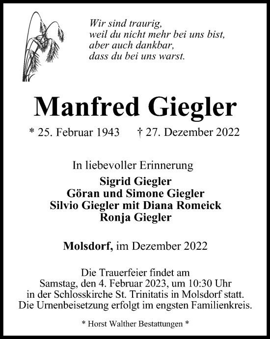 Traueranzeige von Manfred Giegler