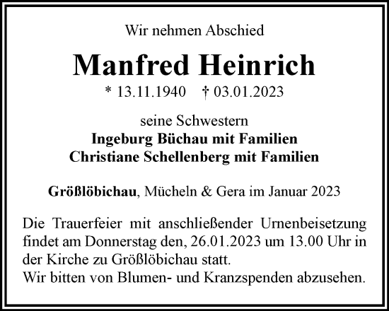 Traueranzeige von Manfred Heinrich von Ostthüringer Zeitung