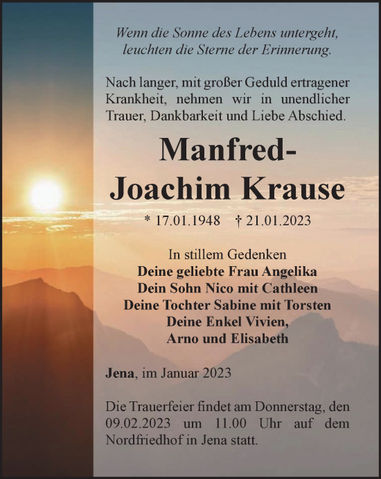 Traueranzeige von Manfred-Joachim Krause von Ostthüringer Zeitung, Thüringische Landeszeitung