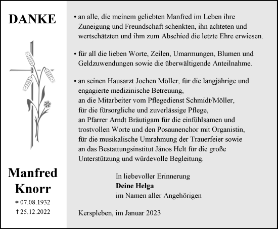 Traueranzeige von Manfred Knorr von Thüringer Allgemeine, Thüringische Landeszeitung