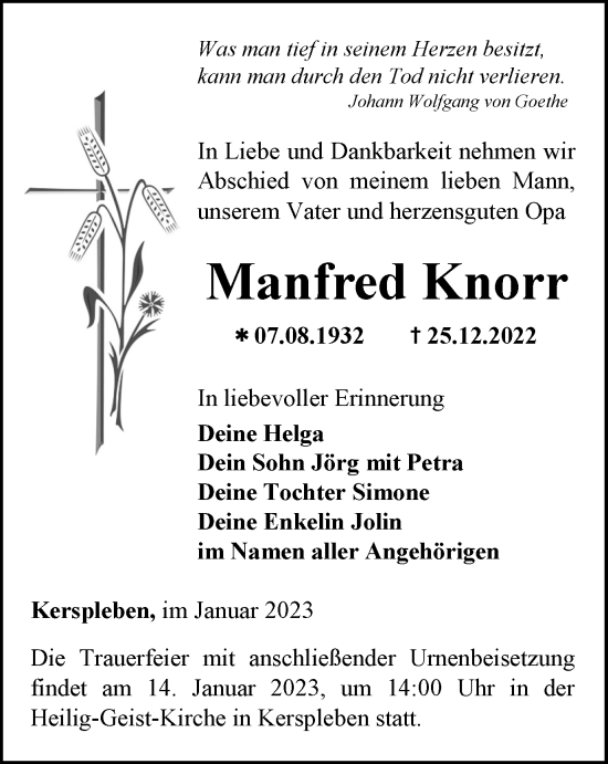 Traueranzeige von Manfred Knorr von Thüringer Allgemeine, Thüringische Landeszeitung