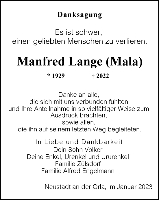 Traueranzeige von Manfred Lange