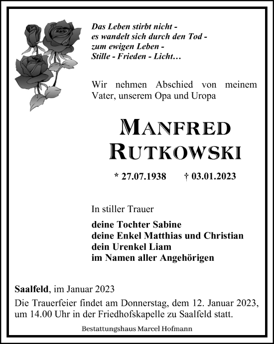 Traueranzeige von Manfred Rutkowski