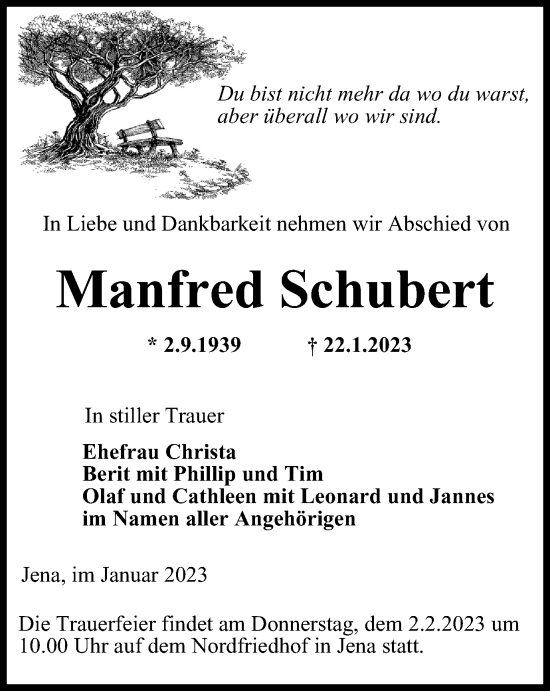 Traueranzeige von Manfred Schubert von Ostthüringer Zeitung, Thüringische Landeszeitung